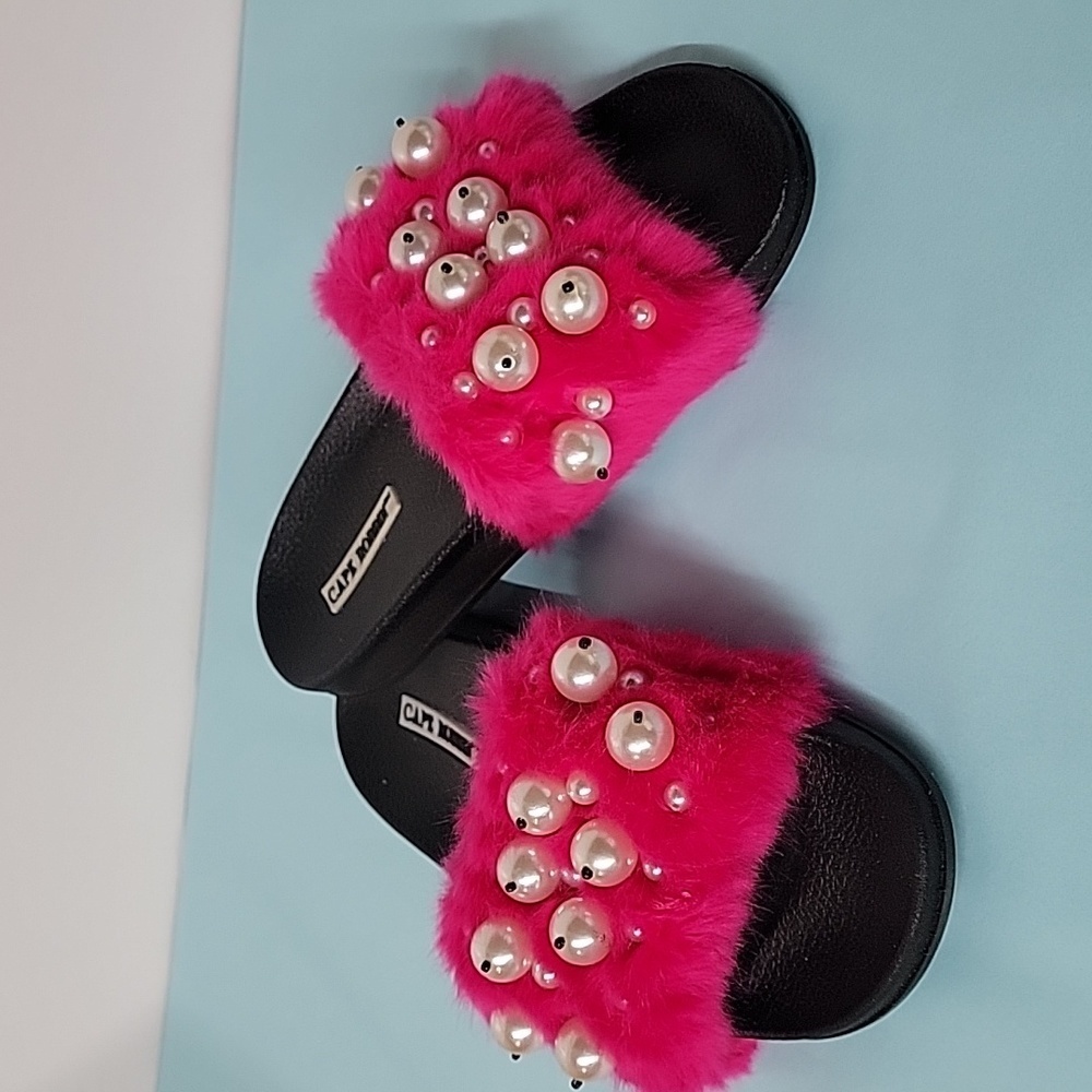 CAPE ROBBIN Moira-12 Faux Pearl Fuchsia Slides Sandals Size 7
